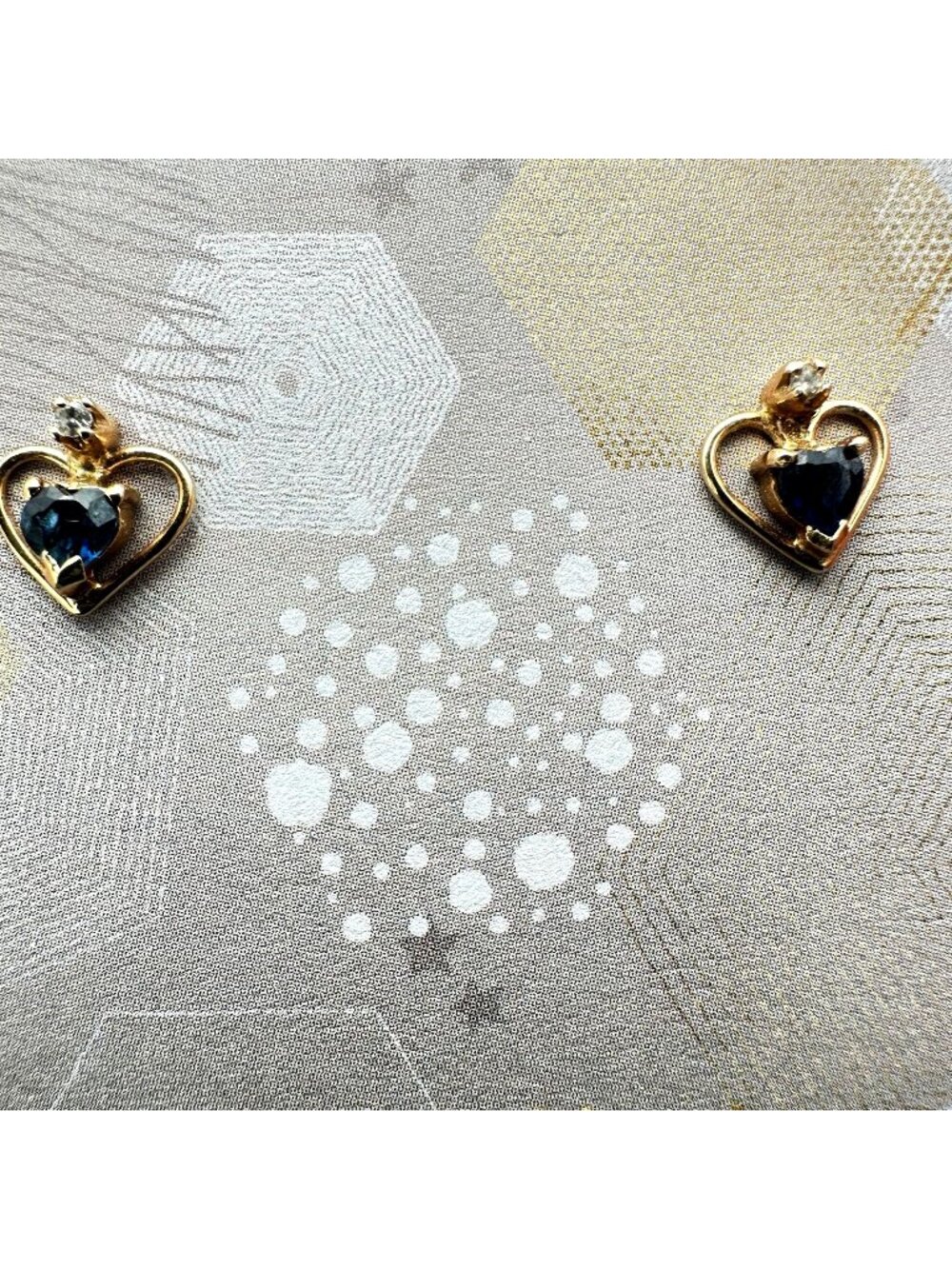 14K Earrings Yellow Gold Blue Sapphire Diamond Heart Pierced Stud